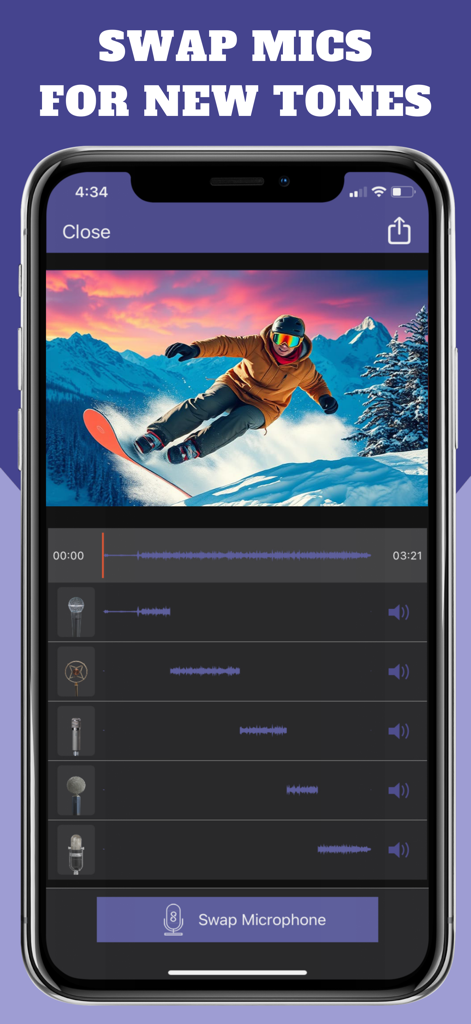 MicSwap Video Pro Audio Editor - Smartphone interface showing MicSwap Video Pro app with multitrack audio editing and microphone swapping for a snowboarding video