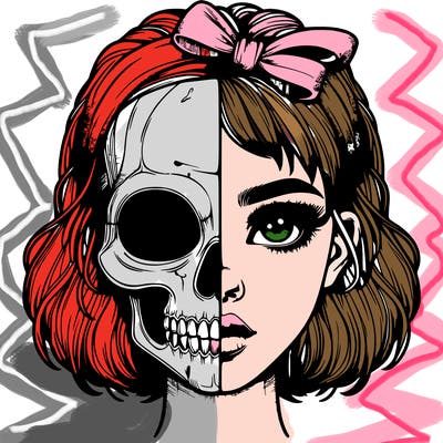 realistic girl with half skull mask