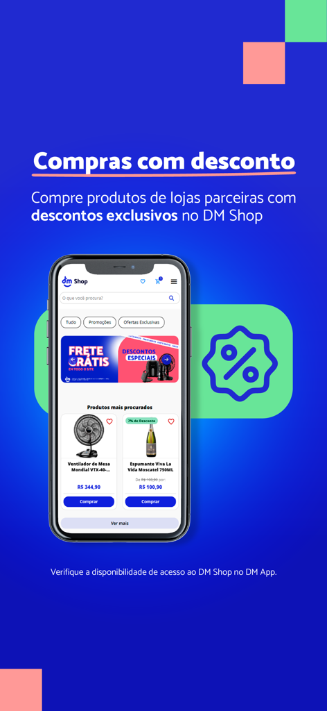 DM App: Conta, Crédito e Pix - Interface of the DM Shop within the app showing discounted products from partner stores with special offers