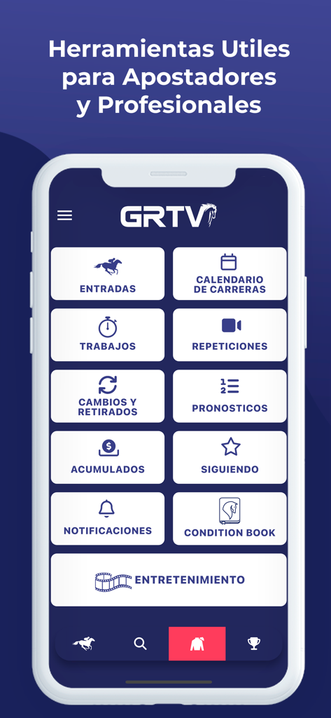 GRTV - GRTV 앱 메인 인터페이스, 스페인어로 된 베터 및 전문가를 위한 경마 도구 표시