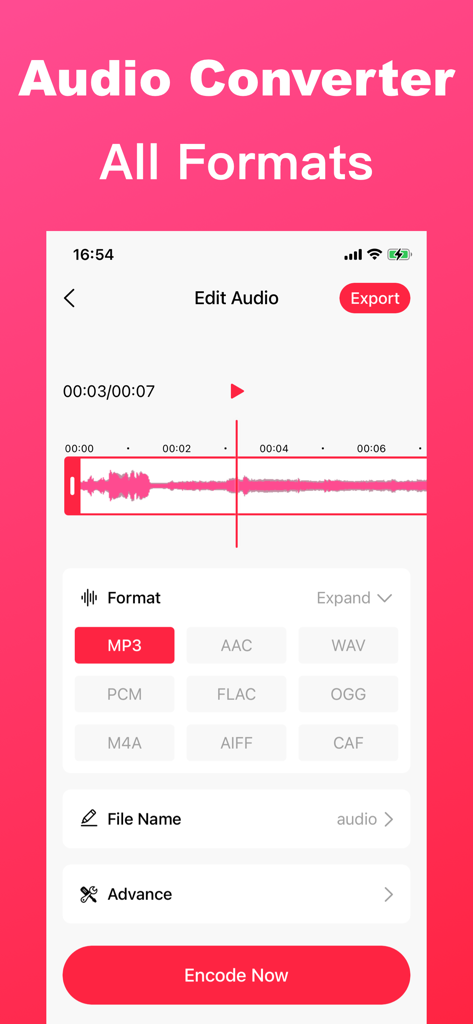 Oberfläche der MP3 Konverter App, die die Bearbeitung von Audio-Wellenformen und die Auswahl verschiedener Audioformate wie MP3 und WAV zeigt