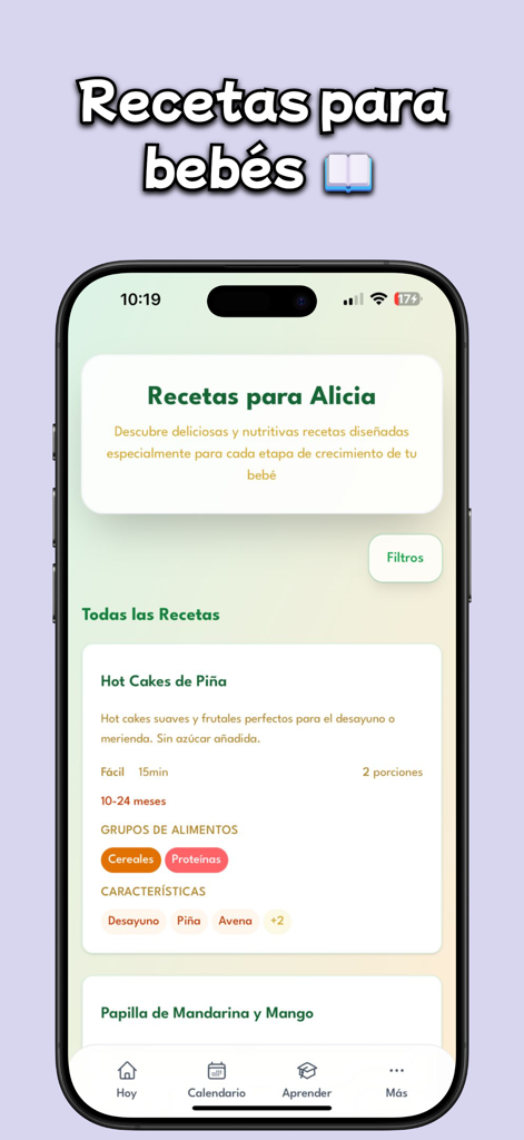 Alicia: Menús BLW Bebés - Alicia App-Oberfläche zeigt eine Liste gesunder BLW-Rezepte wie Ananaspfannkuchen