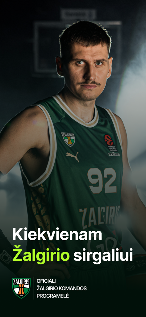 Žalgiris - A basketball player in a green team jersey on the official Zalgiris Kaunas mobile app splash screen.