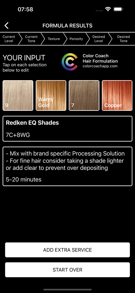 Color Coach Hair Formulation - A screenshot of the Color Coach app showing a hair color formula result for Redken EQ Shades based on current and desired hair tone selections.