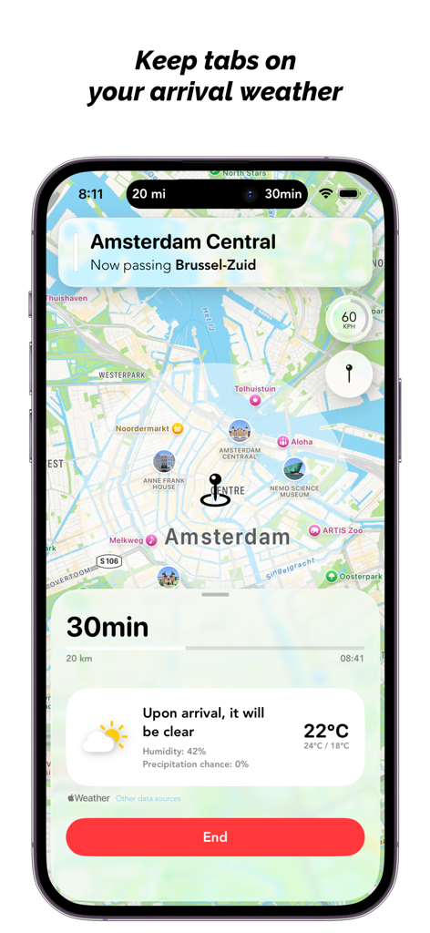 Eurostar Destinations - L'écran de l'application Eurostar Destinations montre les prévisions météorologiques d'arrivée et la carte pour Amsterdam