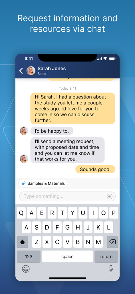 Secure chat interface within the Veeva Engage app for healthcare providers to communicate with life science reps