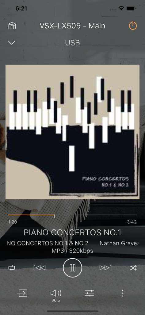 Pioneer Remote App music playback interface showing track details and audio controls for a VSX-LX505 receiver