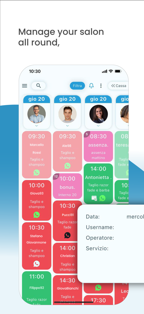 BarberApp Pro - Interface móvel do BarberApp Pro mostrando um calendário de agendamentos diários com código de cores para vários barbeiros
