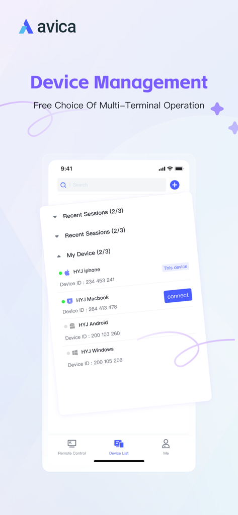 Avica Remote Desktop - Avica mobile app interface showing a list of remote devices including iPhone, MacBook, Android, and Windows PC for multi-terminal operation.