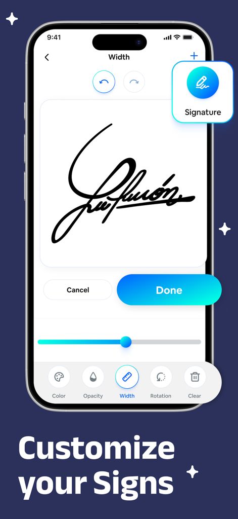 iPhoneのeSignEasyアプリでデジタル署名をカスタマイズするためのユーザーインターフェイス。