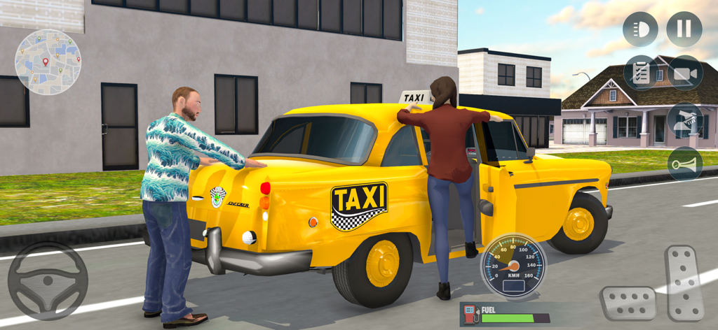 Sports Car Taxi Simulator 3D - Un taxi amarillo recogiendo pasajeros en un entorno de ciudad 3D con controles de juego mostrados