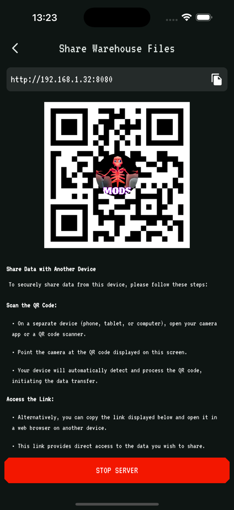 Oberfläche zum Teilen von Warehouse-Dateien mit einem QR-Code und einer IP-Adresse in der Gtag Mods App.