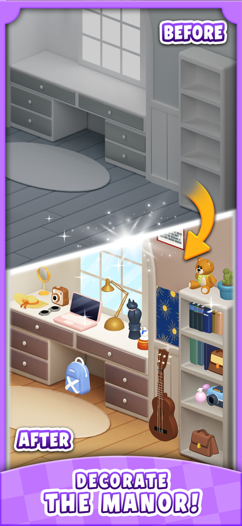 Match Manor - A before and after comparison of a desk and bookshelf renovation in the Match Manor mobile game.