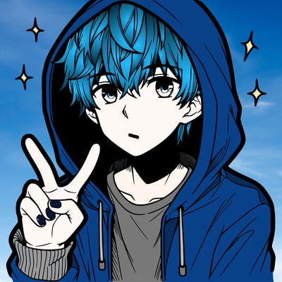 teenage manga boy in a hoodie, doing ✌