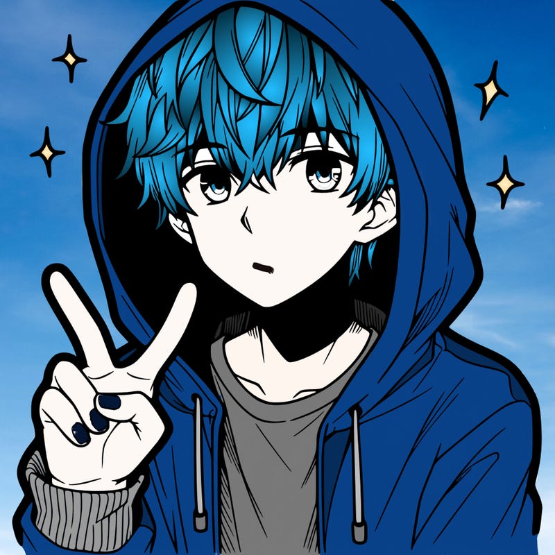 teenage manga boy in a hoodie, doing ✌