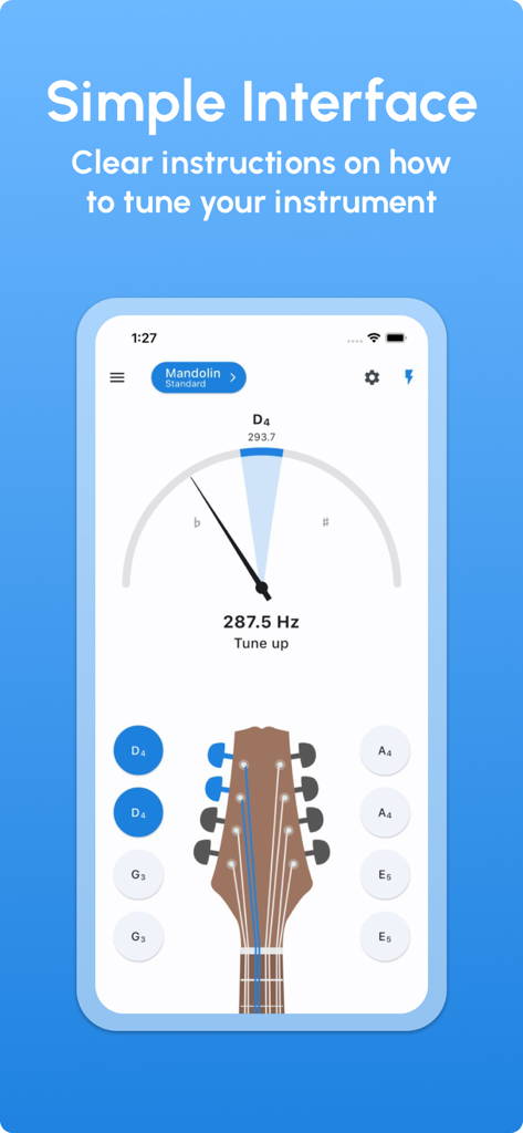 Mandolin Tuner app interface showing a needle gauge with frequency reading and a headstock diagram for tuning instructions.
