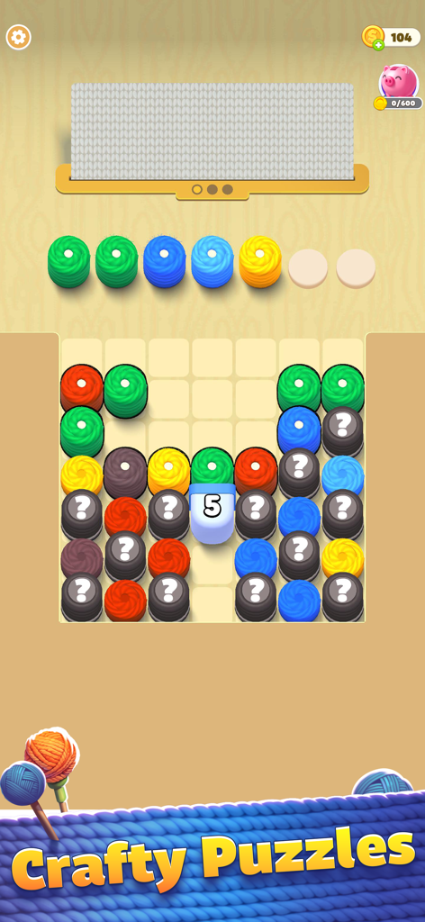 Thread Jam - Untangle 3D Ropes - A colorful mobile puzzle game screen with 3D thread spools and the text Crafty Puzzles