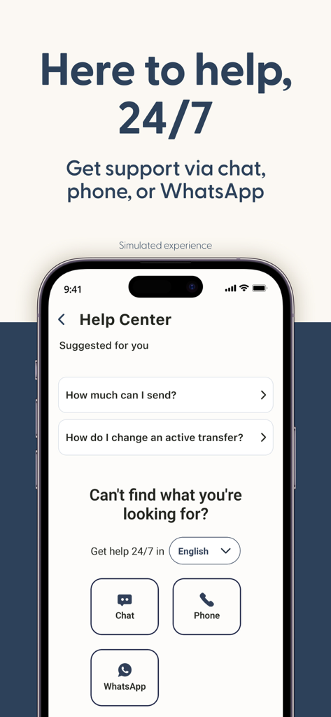 Remitly app help center screen with 24/7 support through chat phone and WhatsApp