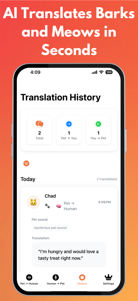 Dog & Cat Translator: Pet AI - Screenshot of the Pet AI app showing a translation history log where a pet meow is interpreted as being hungry for a treat.