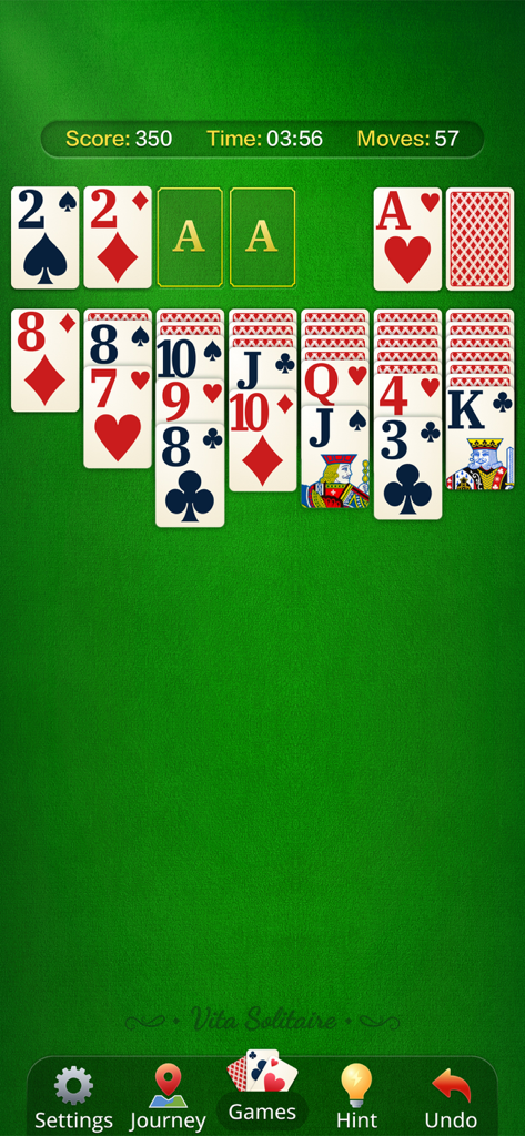 Vita Solitaire for Seniors - Classic solitaire gameplay screen featuring oversized cards and large easy to read fonts on a green felt background