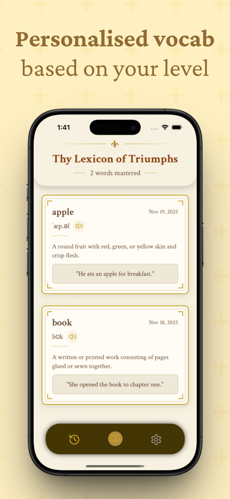 Speaketh: English vocabulary - A screenshot of the Speaketh app showing mastered vocabulary words like apple and book in a section titled Thy Lexicon of Triumphs.