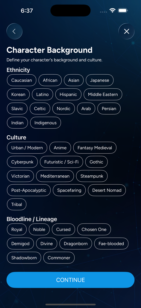 Hi - Ai Character Chat App - Écran de création de personnage IA pour sélectionner l'origine ethnique, la culture et les traits de lignée.