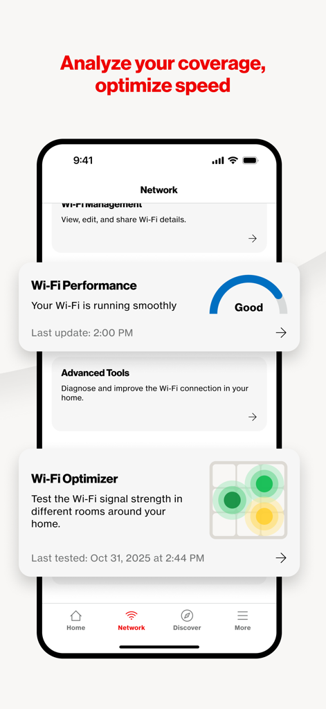Interface do aplicativo Verizon Home mostrando o status de desempenho do Wi-Fi e ferramentas de otimização de rede.