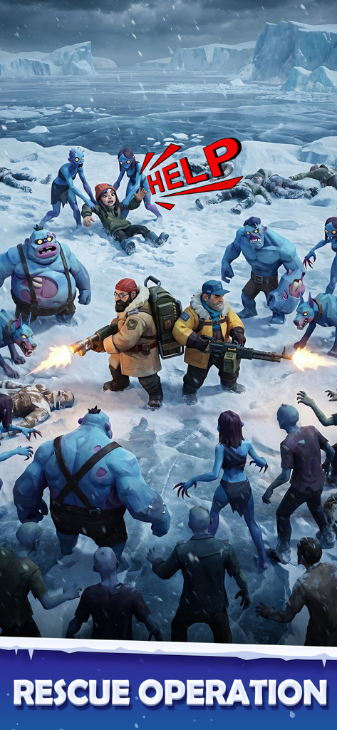 Ice Haven - Dois heróis lutando contra uma horda de zumbis azuis em um deserto congelado durante uma missão de resgate.