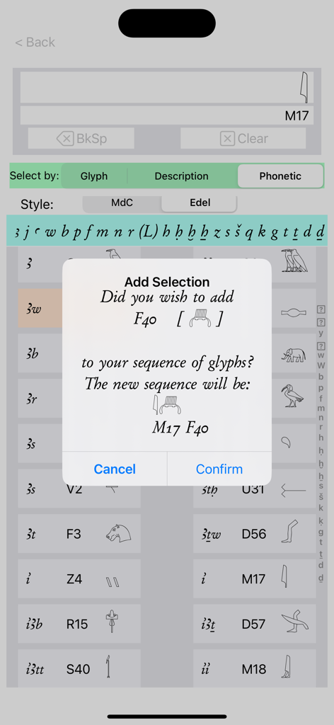 Hieroglyph Pro - Hieroglyph Pro app screen showing a pop-up dialog to add an Egyptian hieroglyphic sign to a sequence of Gardiner codes.