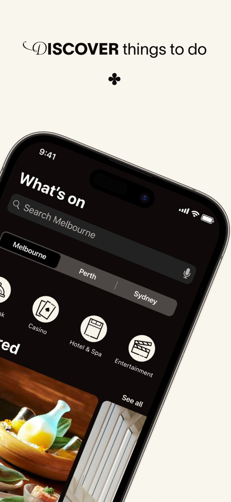 Crown Resorts - Crown Resorts app interface displaying entertainment and hotel options in Melbourne