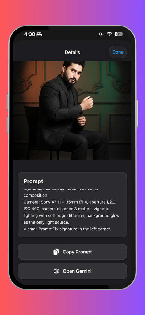 PromptPix -AI Prompt Generator - PromptPixアプリのスクリーンショット、コピーとGeminiを開くボタンが付いた詳細なAI画像プロンプトが表示されています