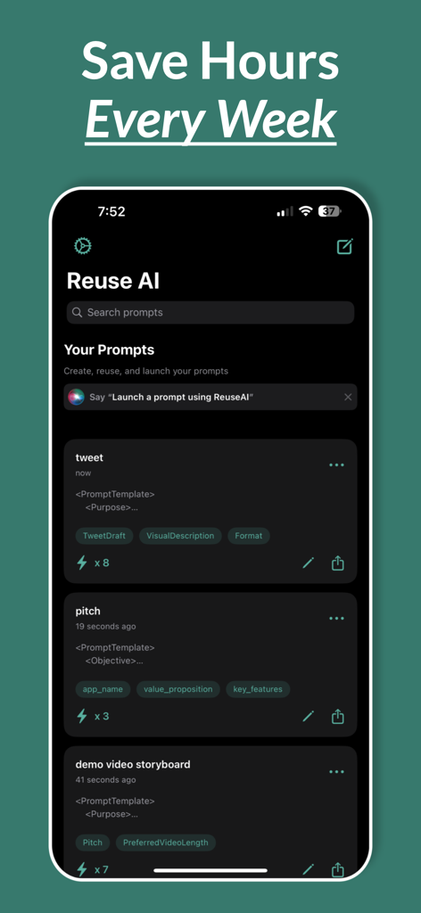 AI Prompt Manager - Reuse AI - Pantalla del iPhone que muestra el panel de la aplicación Reuse AI con una lista de plantillas de prompts guardadas para tweets y presentaciones.