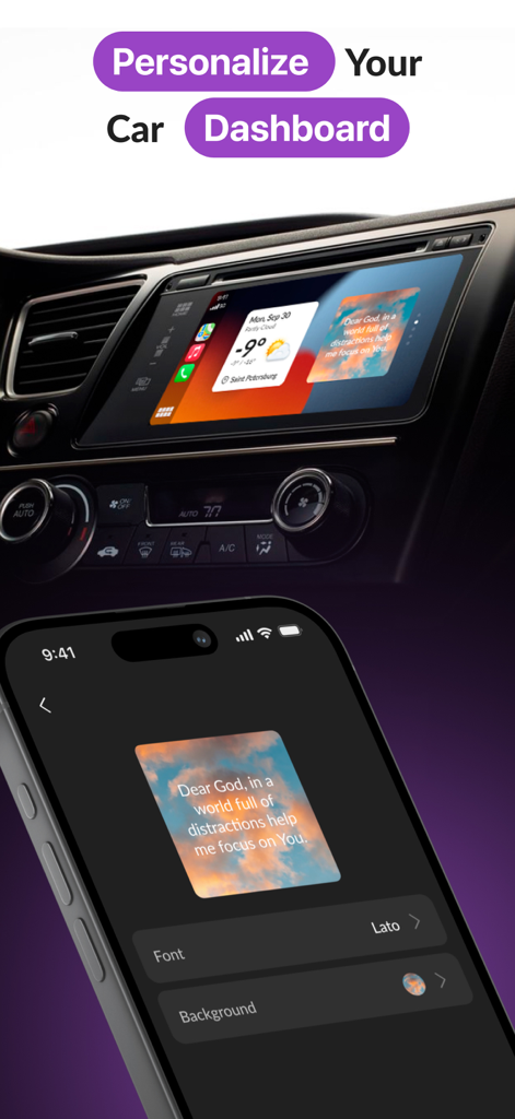iPhone and car dashboard display showing custom widgets and personalization options