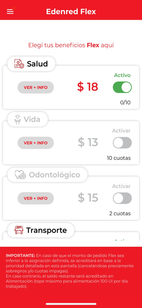 EdenredUY app interface showing customizable benefit options including health, life insurance, and dental care