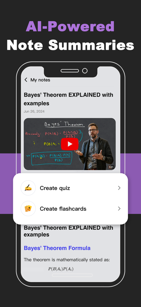 Quiz AI: Homework Helper - Interface of Quiz AI app showing AI powered note summaries with options to create quizzes and flashcards from study notes