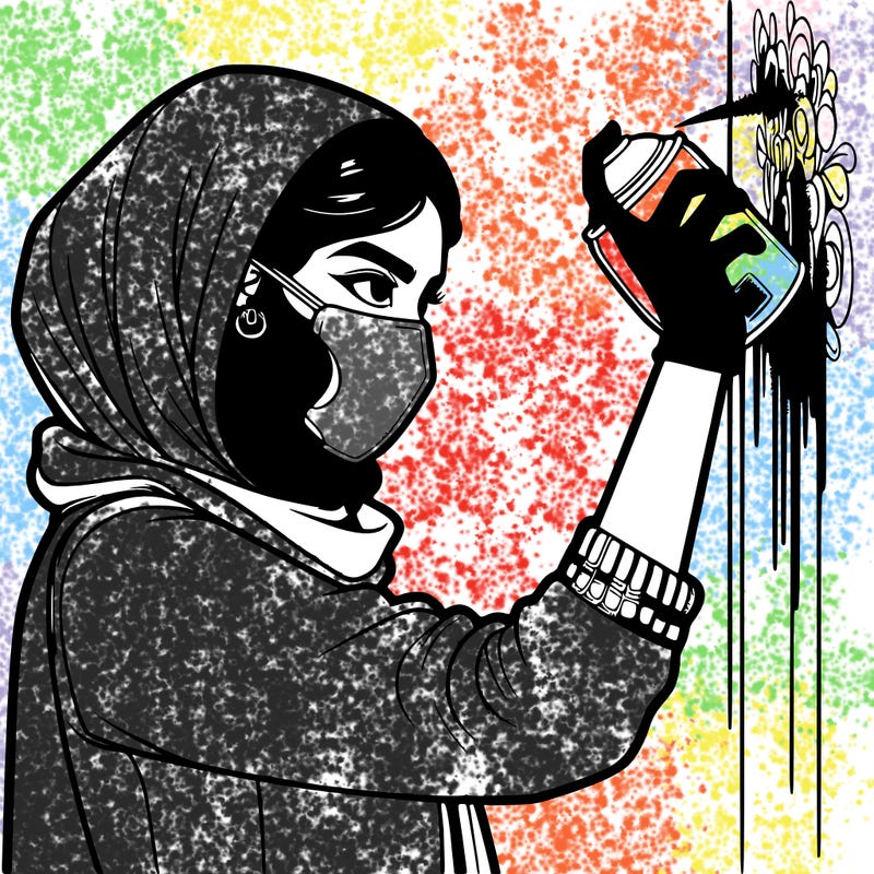 realistic girl with mask spray painting a wall