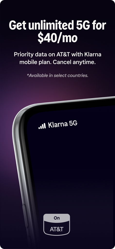 Promotional screen for the Klarna mobile plan offering unlimited 5G on the AT&T network for forty dollars a month
