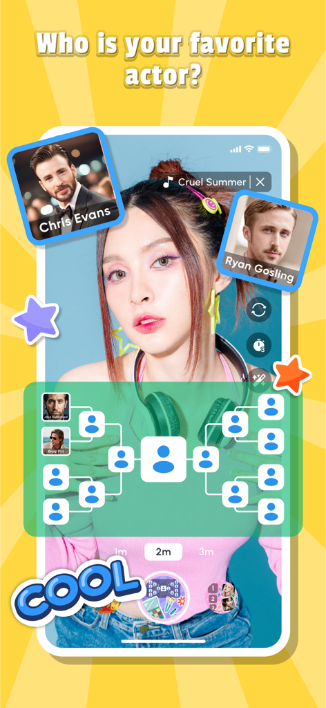 Ranking Challenge: Fun Filter - A woman using a tournament bracket filter to choose her favorite actor in the Ranking Challenge app.