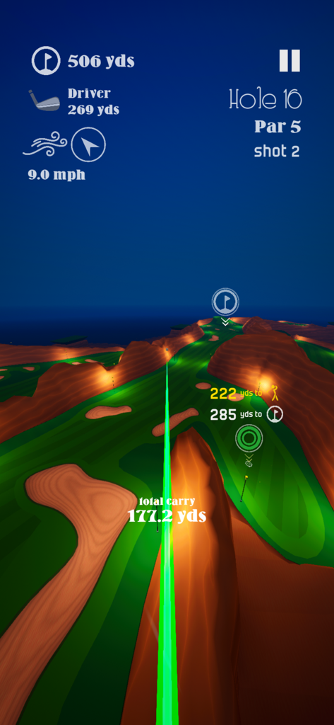 Stinger Golf gameplay showing a green shot tracer on a 3D golf course