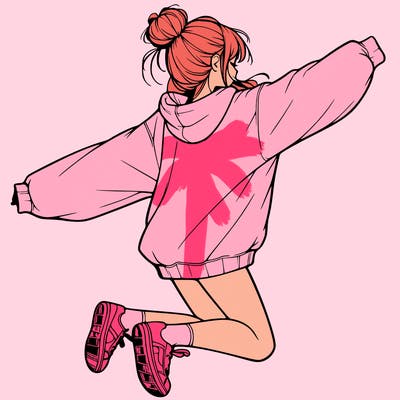 realistic girl jumping with a bun and oversized sweatshirt