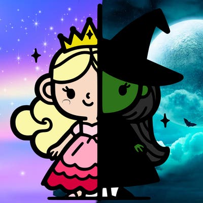 detailed split of a princess and a witch