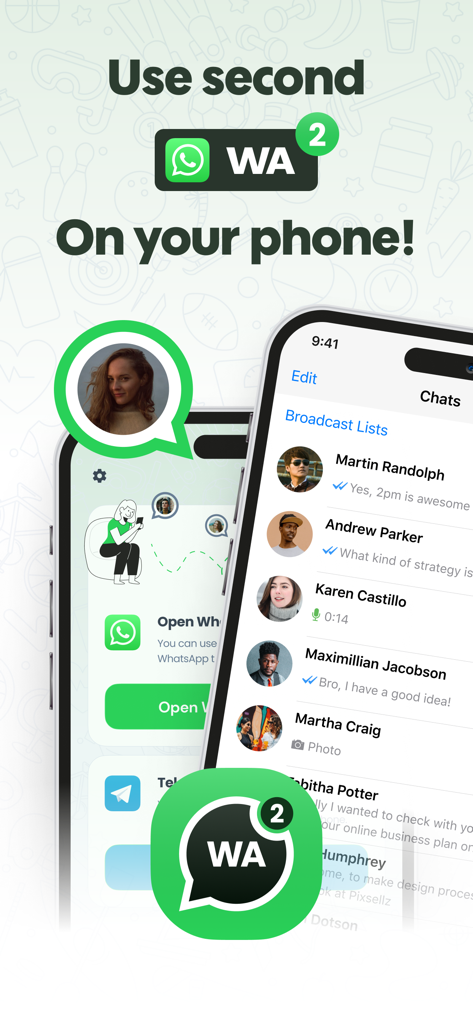 Interface of Dual Messenger app showing a second WhatsApp account and chat list on an iPhone.