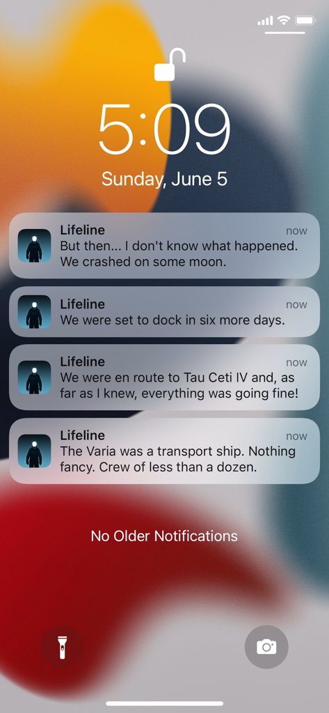 Lifeline... - iPhone-Sperrbildschirm, der Echtzeit-Textbenachrichtigungen vom Lifeline-Überlebensspiel anzeigt.