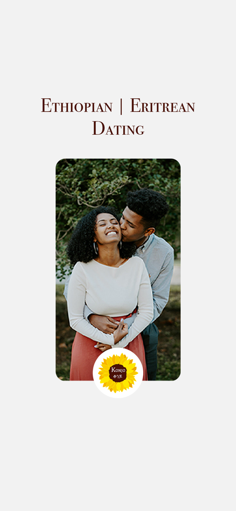 Konjo - Dating & Relationships - Welcome screen for Konjo dating app featuring a happy Ethiopian and Eritrean couple