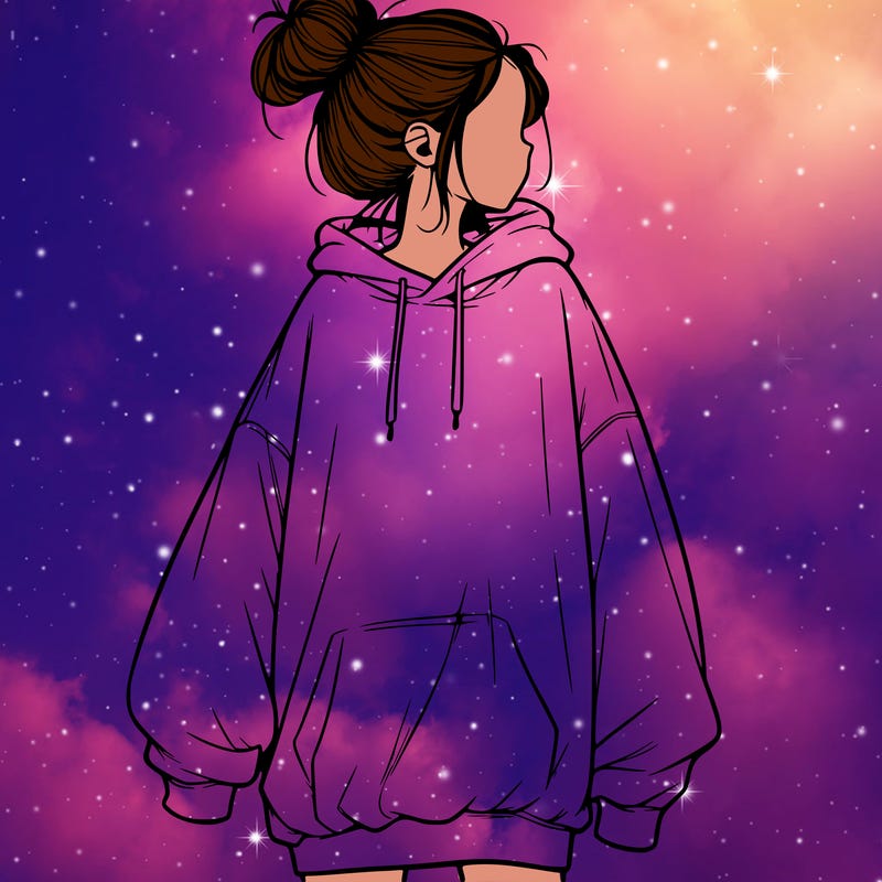 realistic girl with a oversized sweatshirt on and a bun