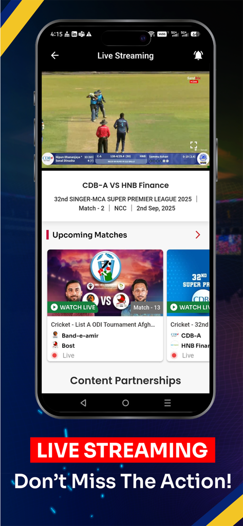 Styxnepal - Mobile app interface of Styxnepal showing a live cricket match broadcast with upcoming match schedules