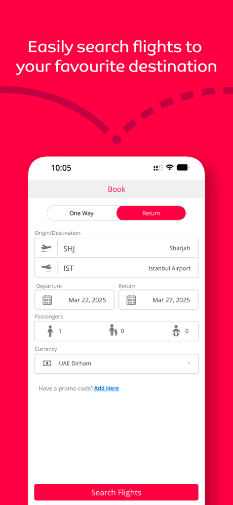 Interface de l'application Air Arabia pour la recherche et la réservation de vols de Sharjah à Istanbul