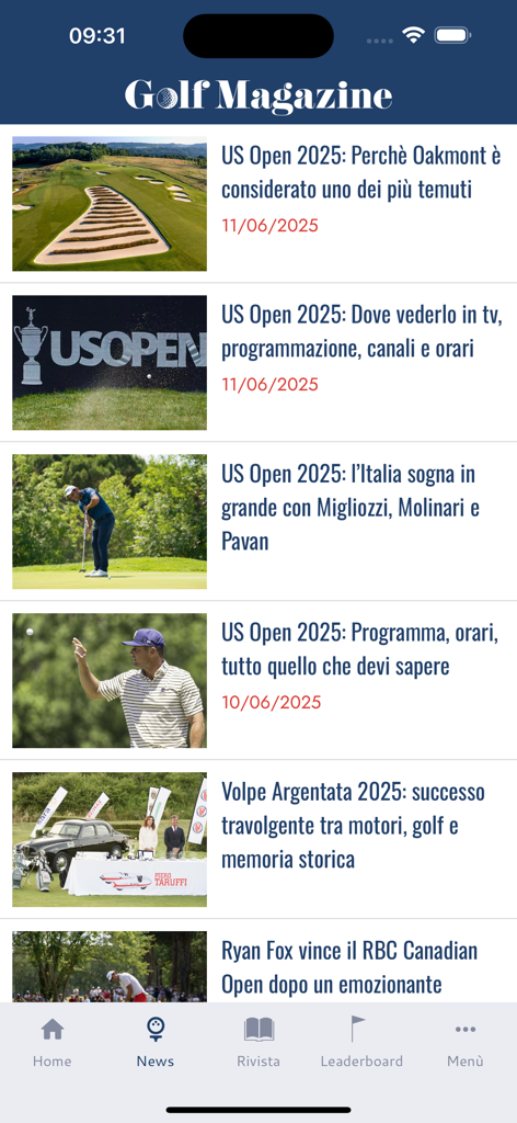 Golf-Magazine - La sezione feed di notizie dell'app Golf Magazine presenta articoli sul torneo di golf US Open.