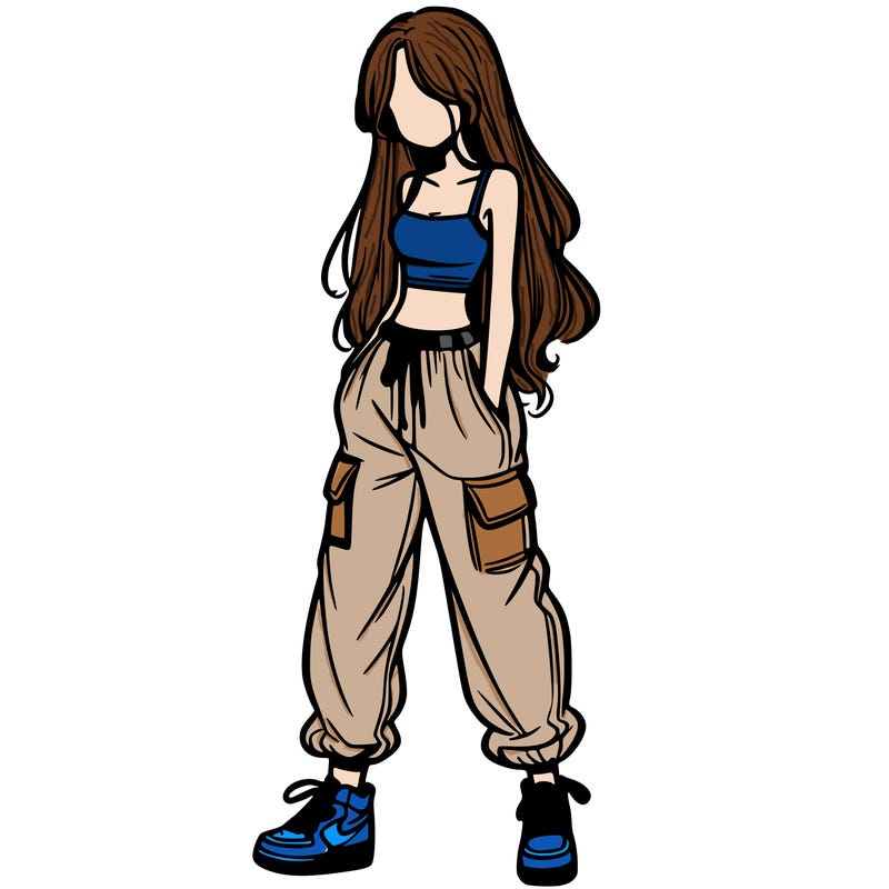 girl in baggy pants crop top and long hair