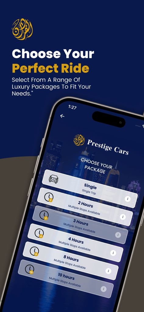 Mobile app interface for choosing luxury car service packages in Qatar
